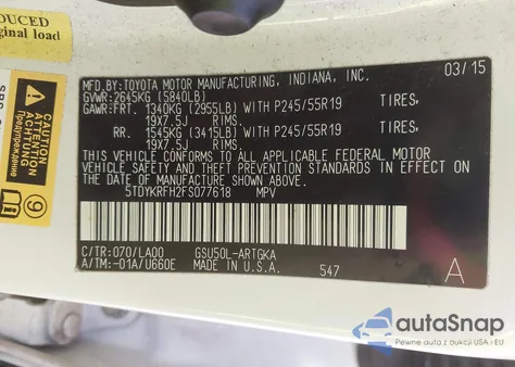 2015 Toyota Highlander Limited V6 z USA, uszkodzony, nr VIN 5TDYKRFH2FS077618